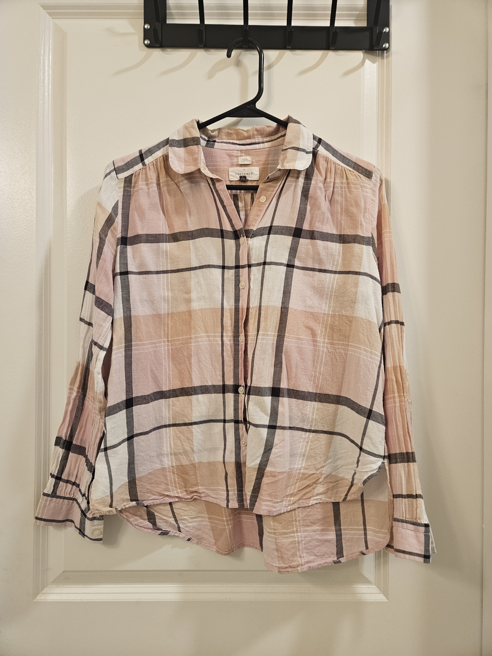 LOFT Softened Pink and Cream Plaid Button-Down Shirt